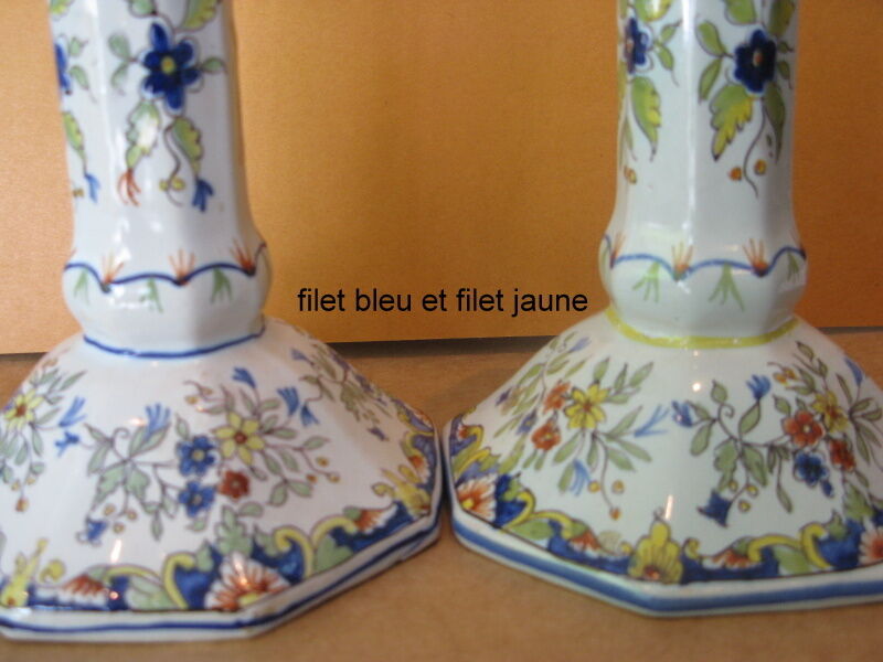 Pair of antique earthenware candlesticks with Rouen decor