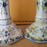 Pair of antique earthenware candlesticks with Rouen decor