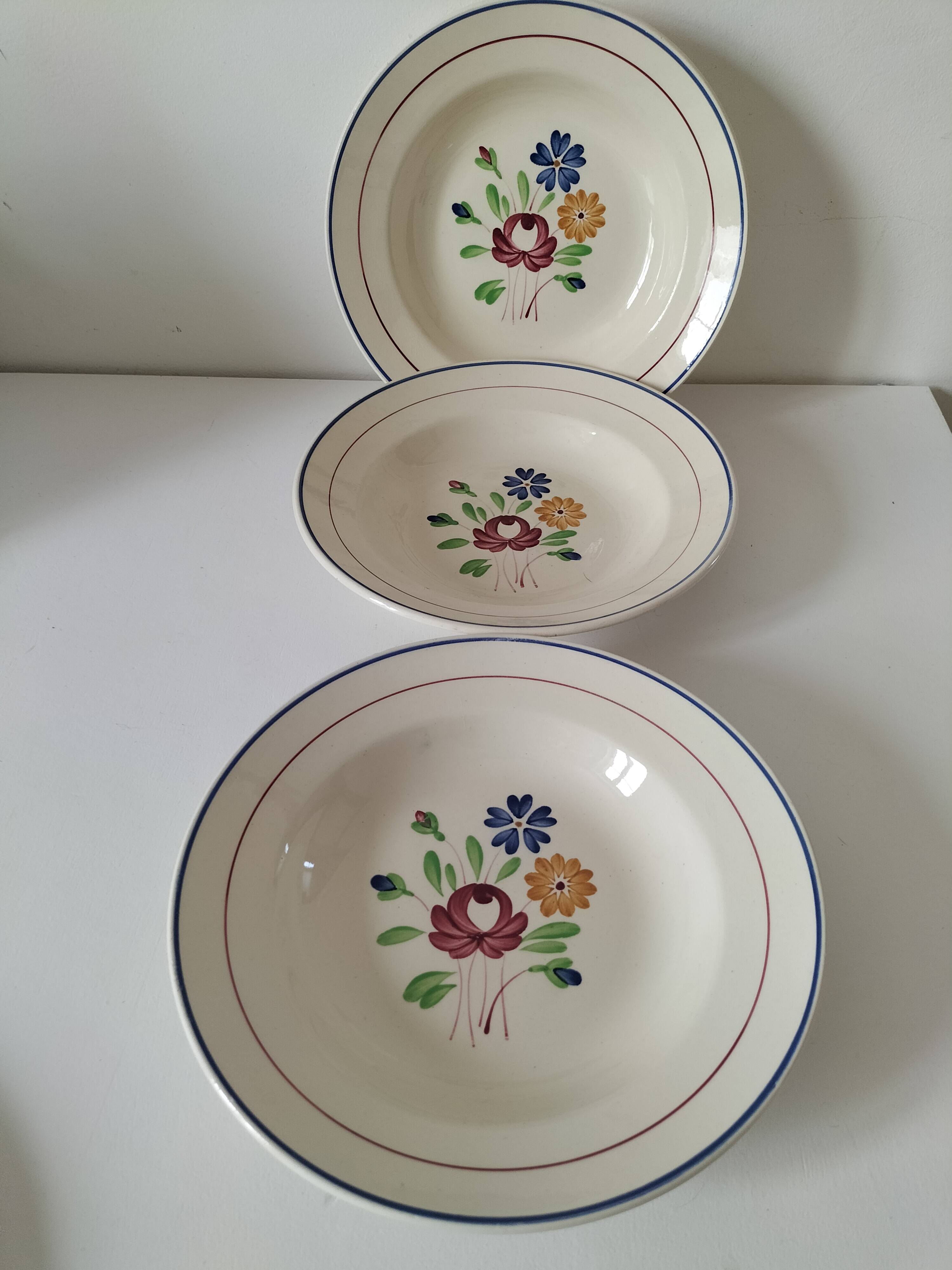 Trio of K&G Lunéville soup plates – Chantilly model, hand-painted