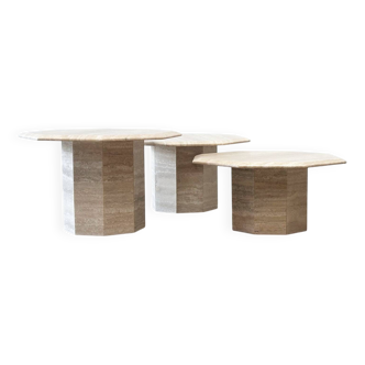 Set of three travertine octagonal nesting tables