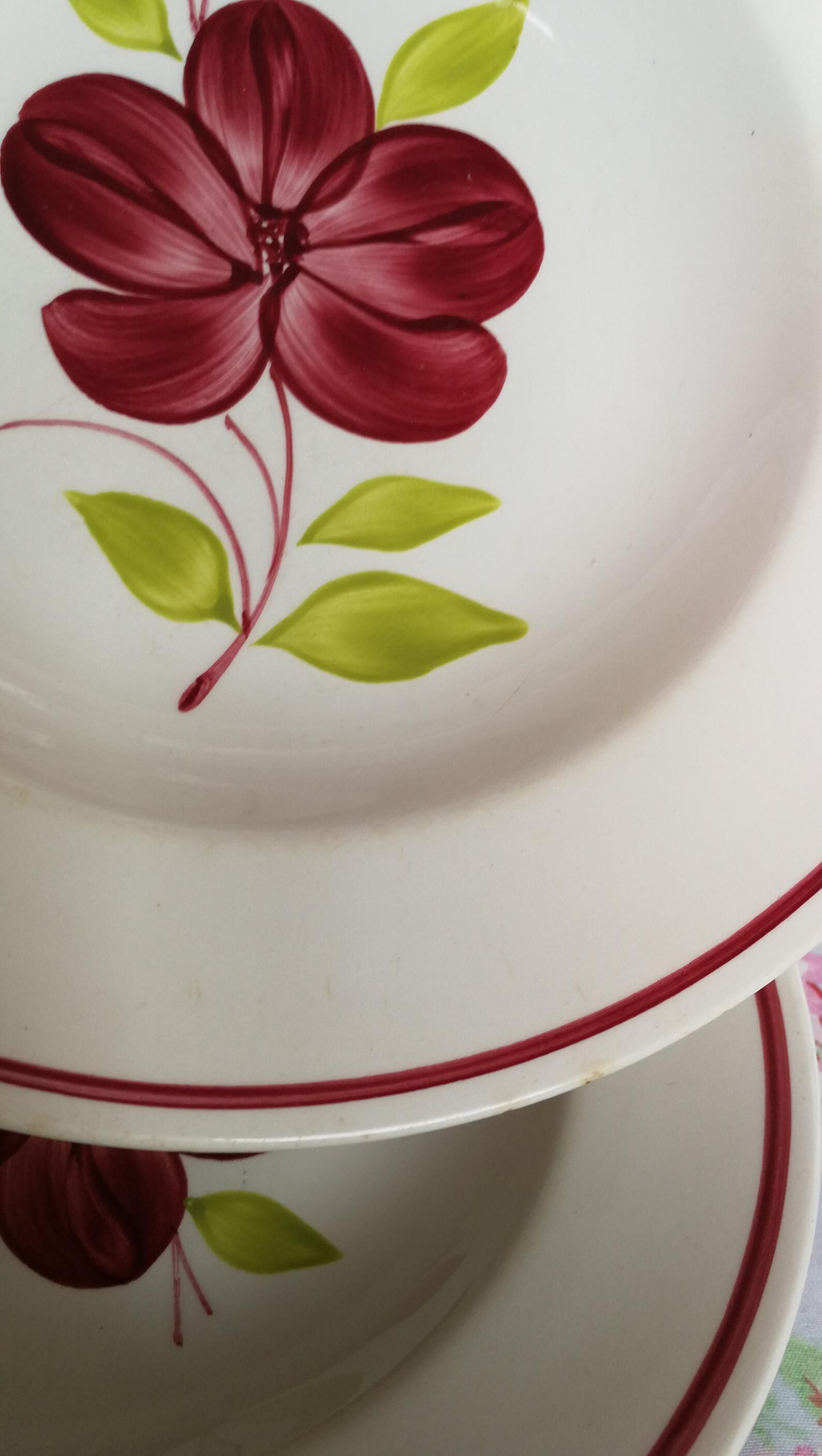 4 old hollow plates, model "Geraldine" red and green flowers