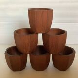 Six Scandinavian teak wood egg cups