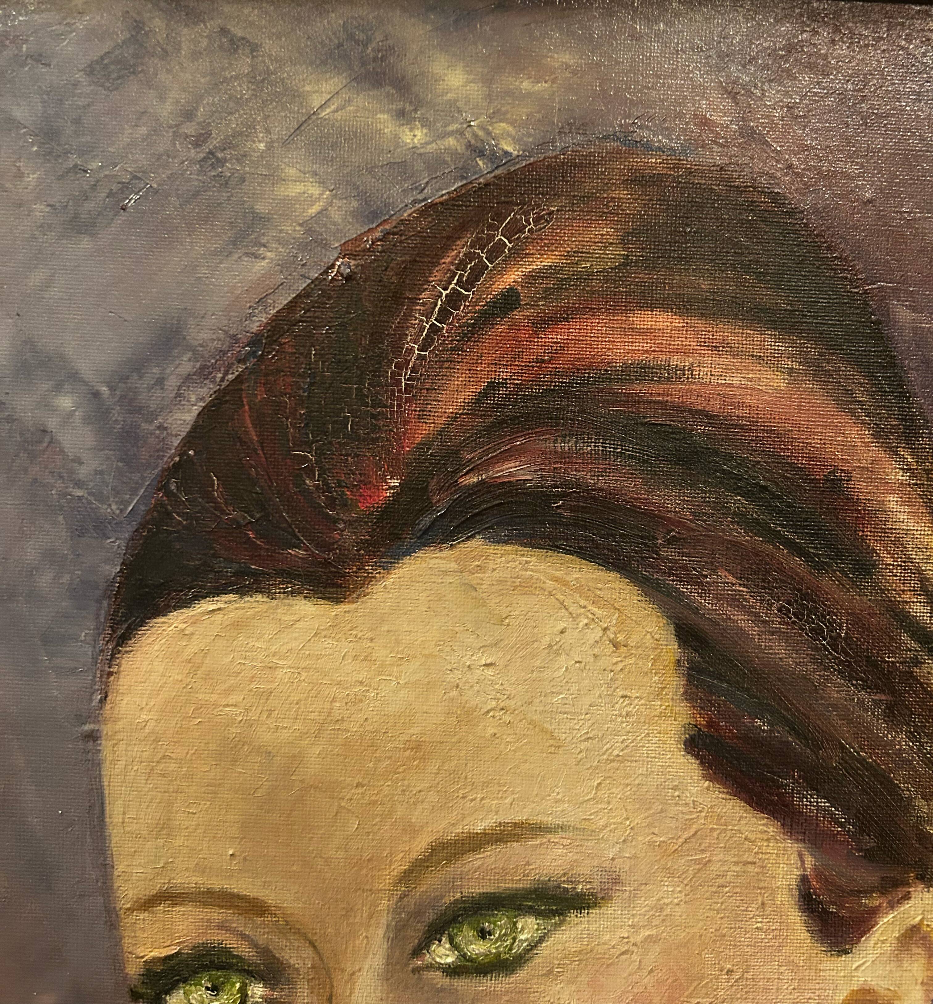 Oil on canvas signed - Portrait of a woman with green eyes