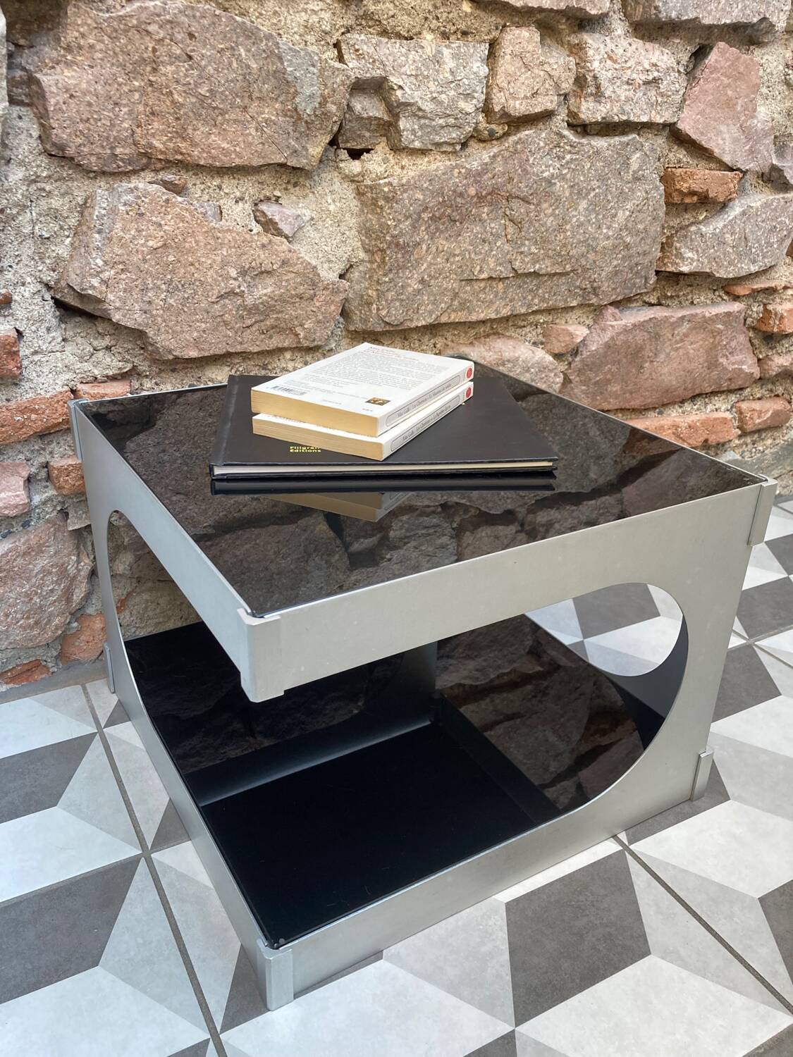 70s aluminum and glass side table