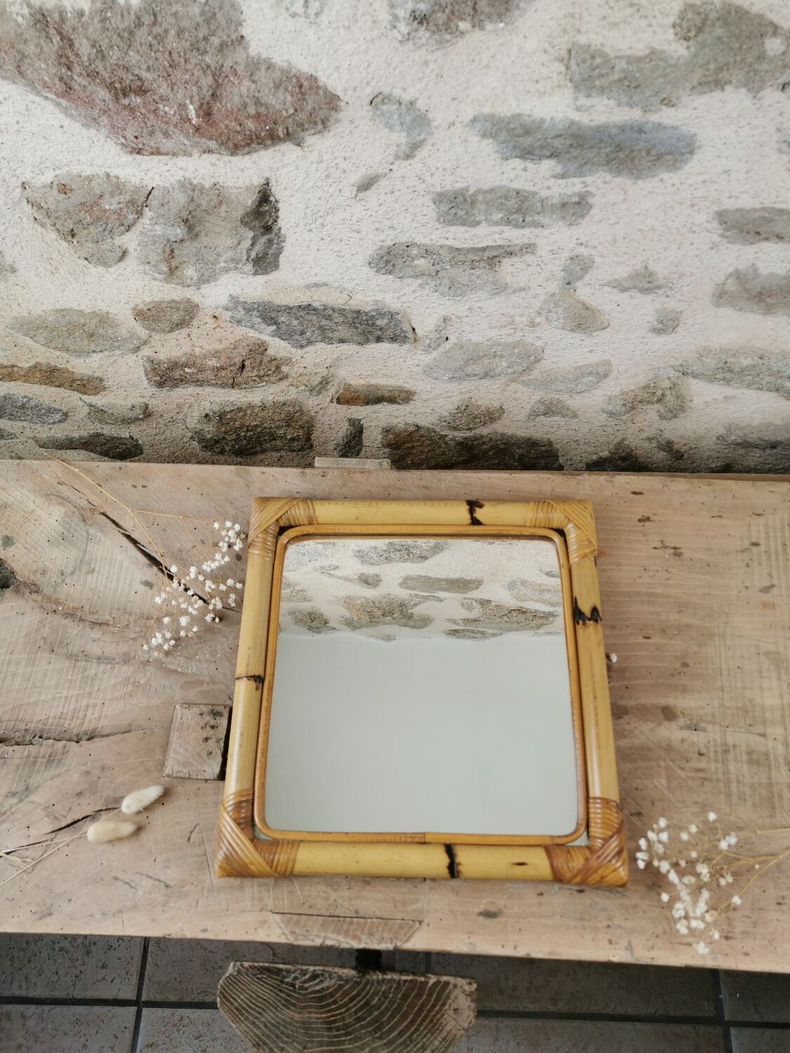Miroir en bambou et rotin
