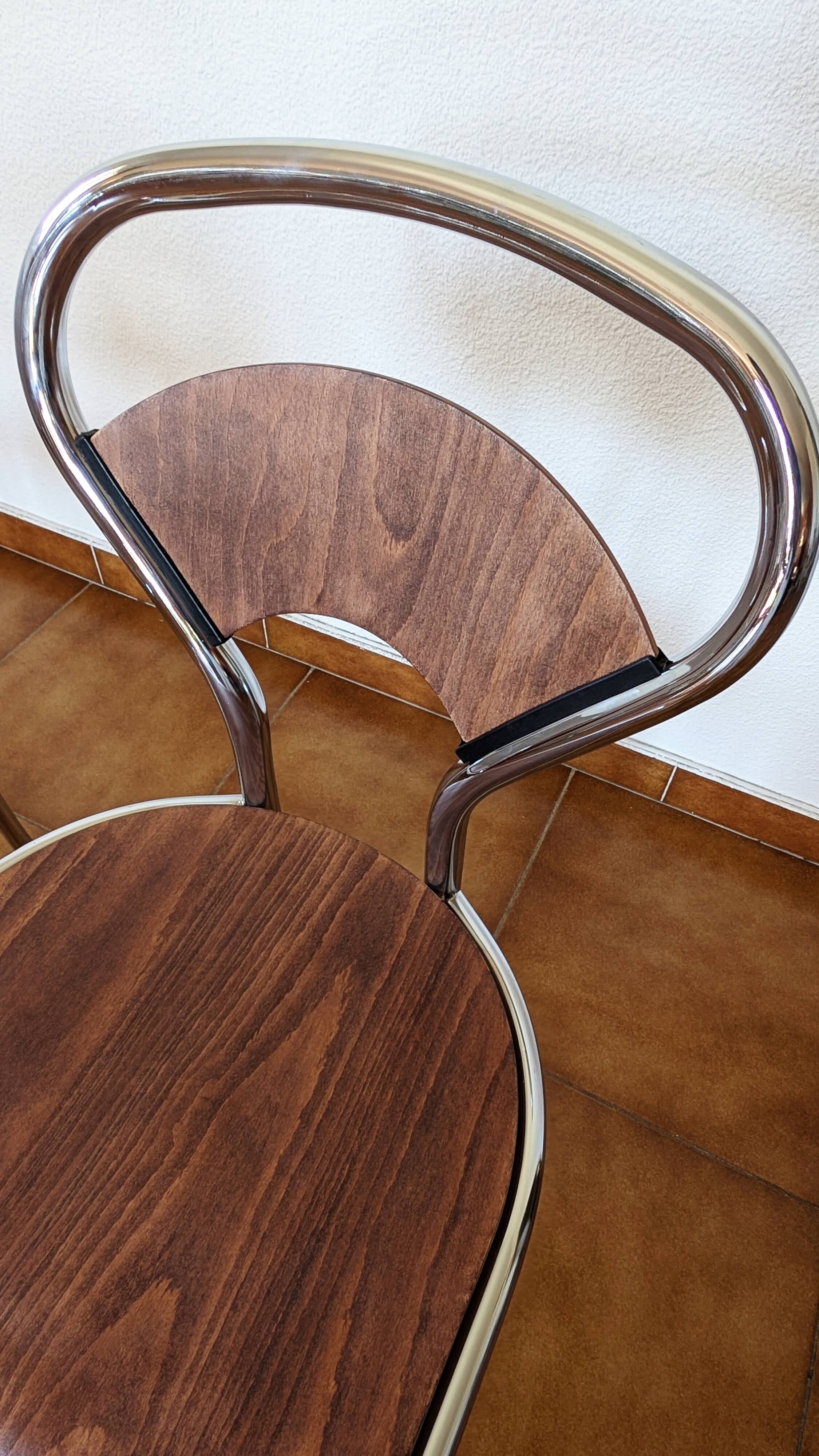 Set of 4 vintage bistro chairs in wood and chrome with postmodern design from
