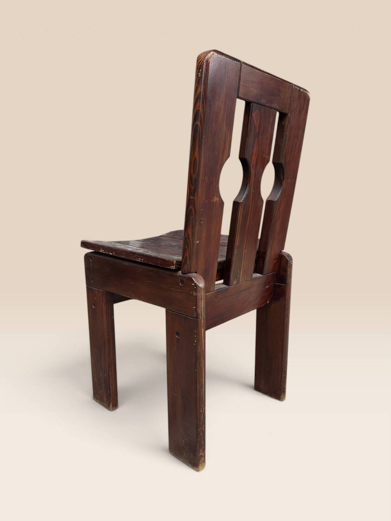 Set of five brutalist chairs in solid pine.