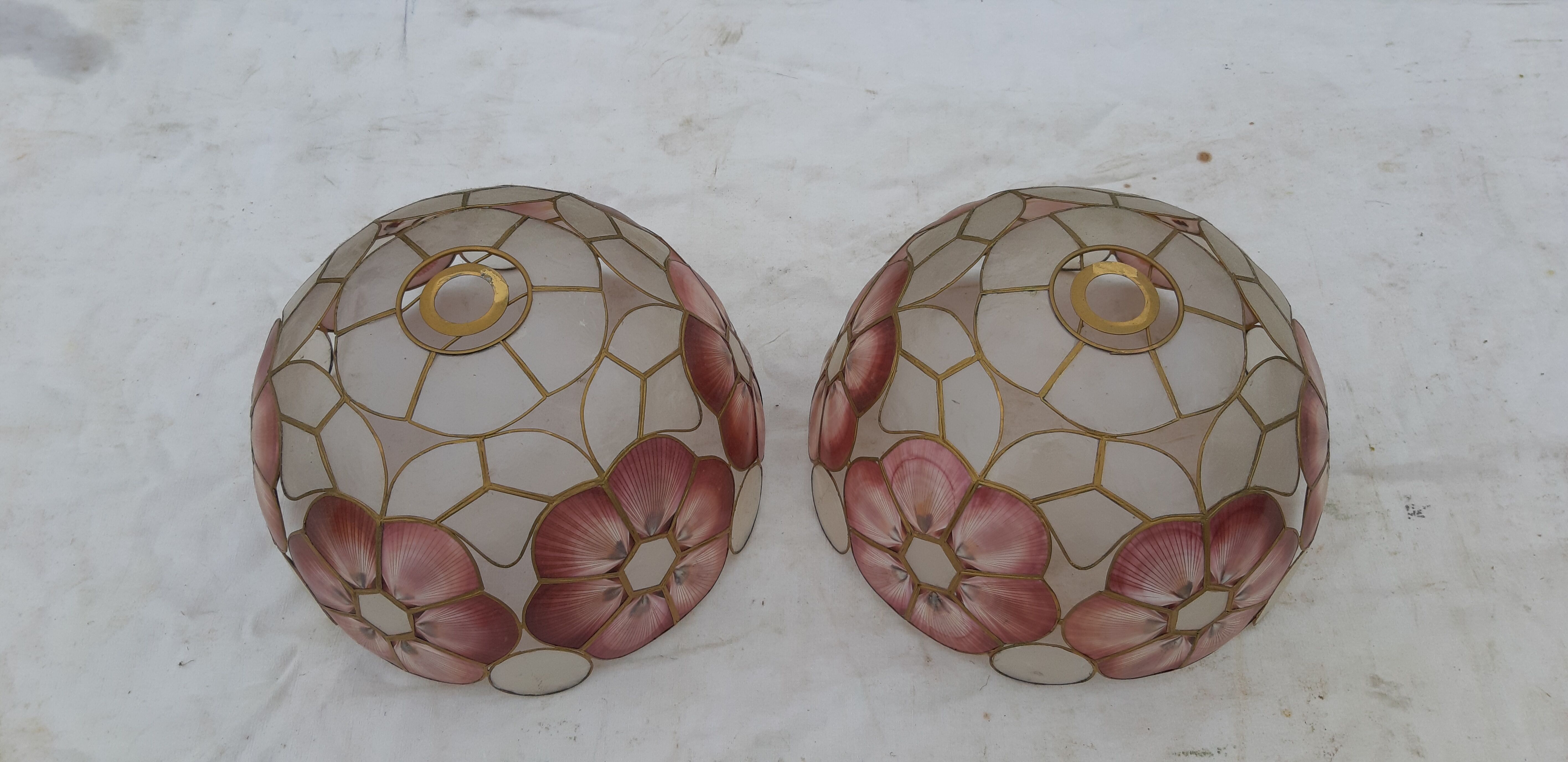 Pair of vintage pendant lamps in brass mother-of-pearl and shells