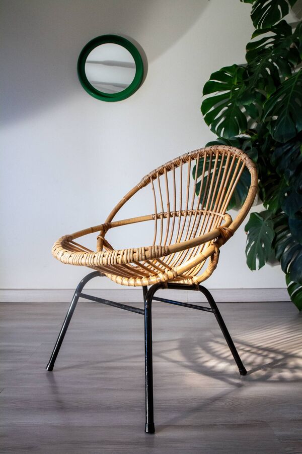 Fauteuil corbeille en rotin et acier, année 70