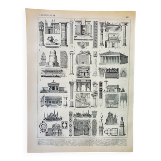 Gravure ancienne 1898, Architecture (antique), construction • Lithographie originale et vintage