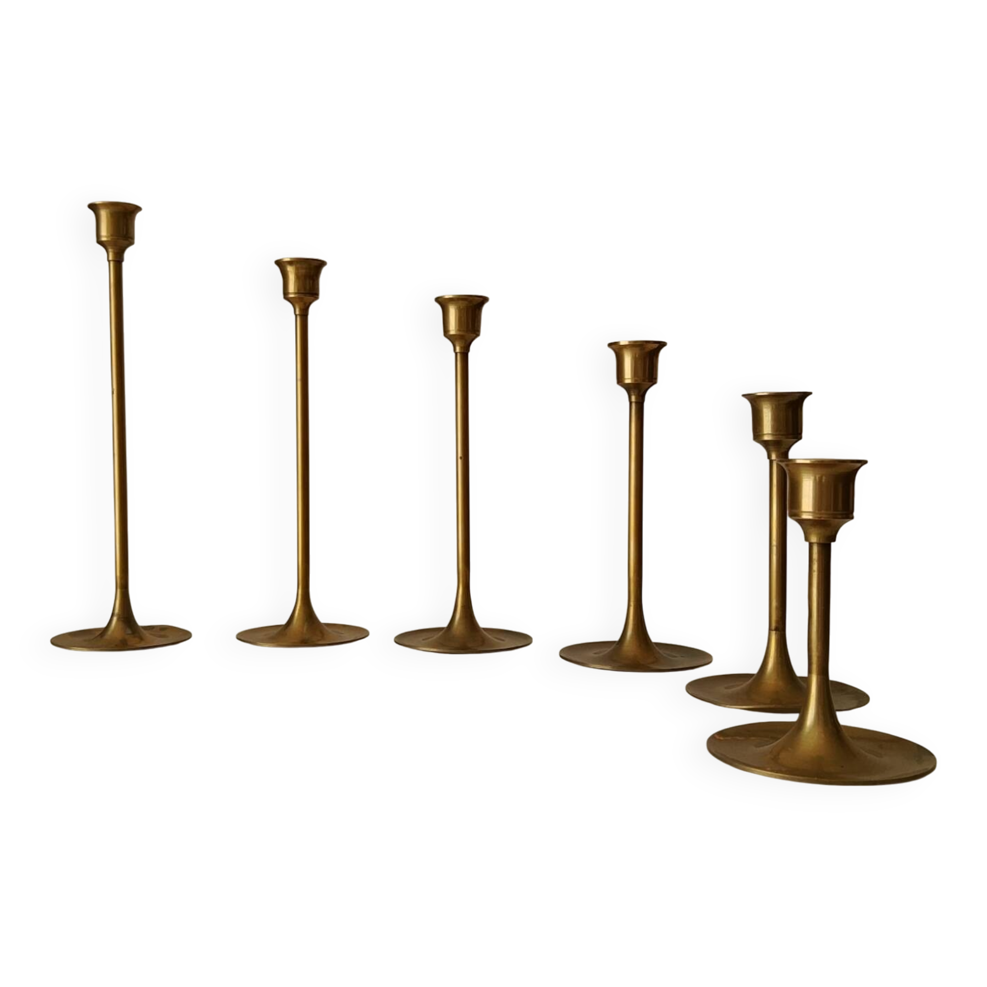 Set of 6 Scandinavian brass candle holders from the 1960s.