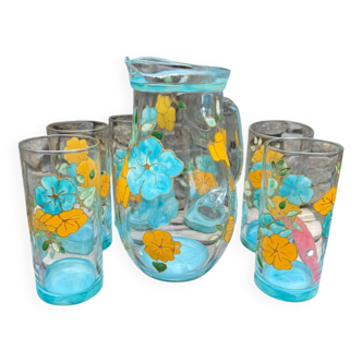 Service: Carafe + 6 glasses, painting on glass