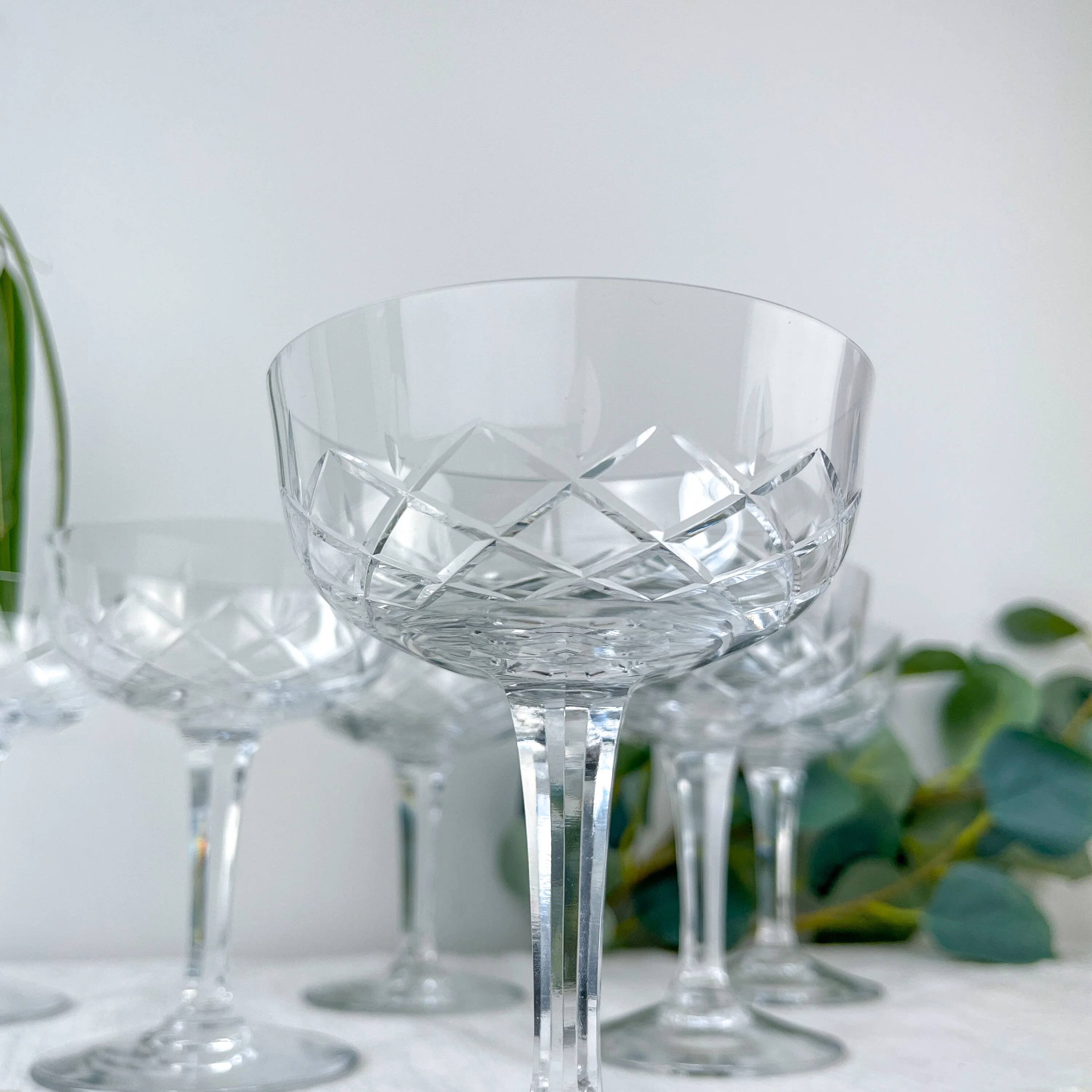 6 vintage cut crystal champagne coupes – Lorraine Lemberg Glassworks - original label - 1950s–1970s