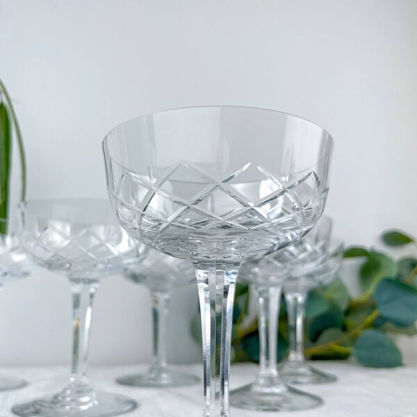 6 coupes à champagne en cristal taillé vintage, cristallerie de Lorraine Lemberg, années 1950-1970