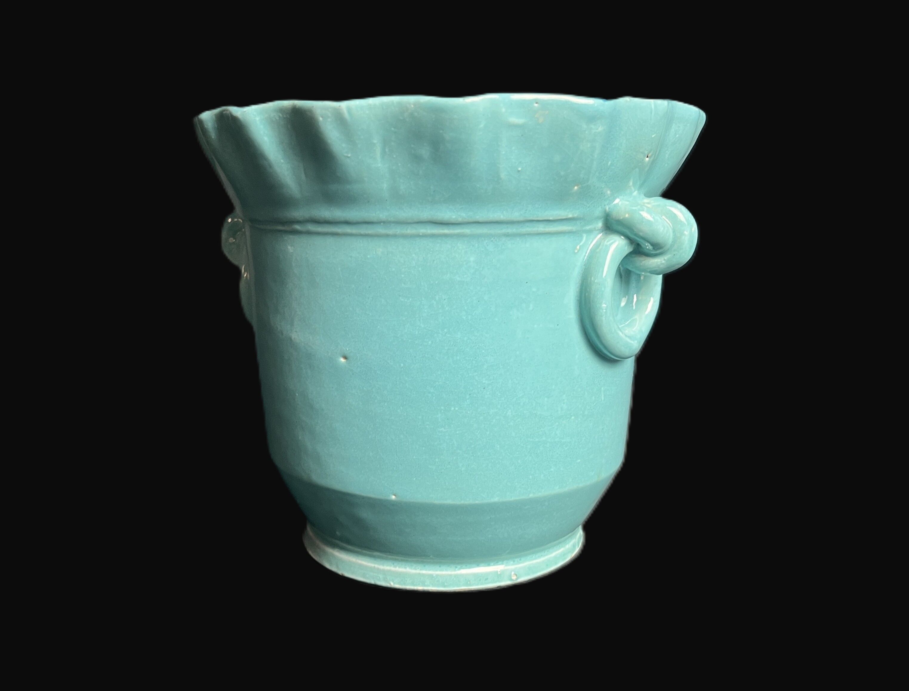Turquoise ceramic cache pot signed Yvon Roy circa 1950