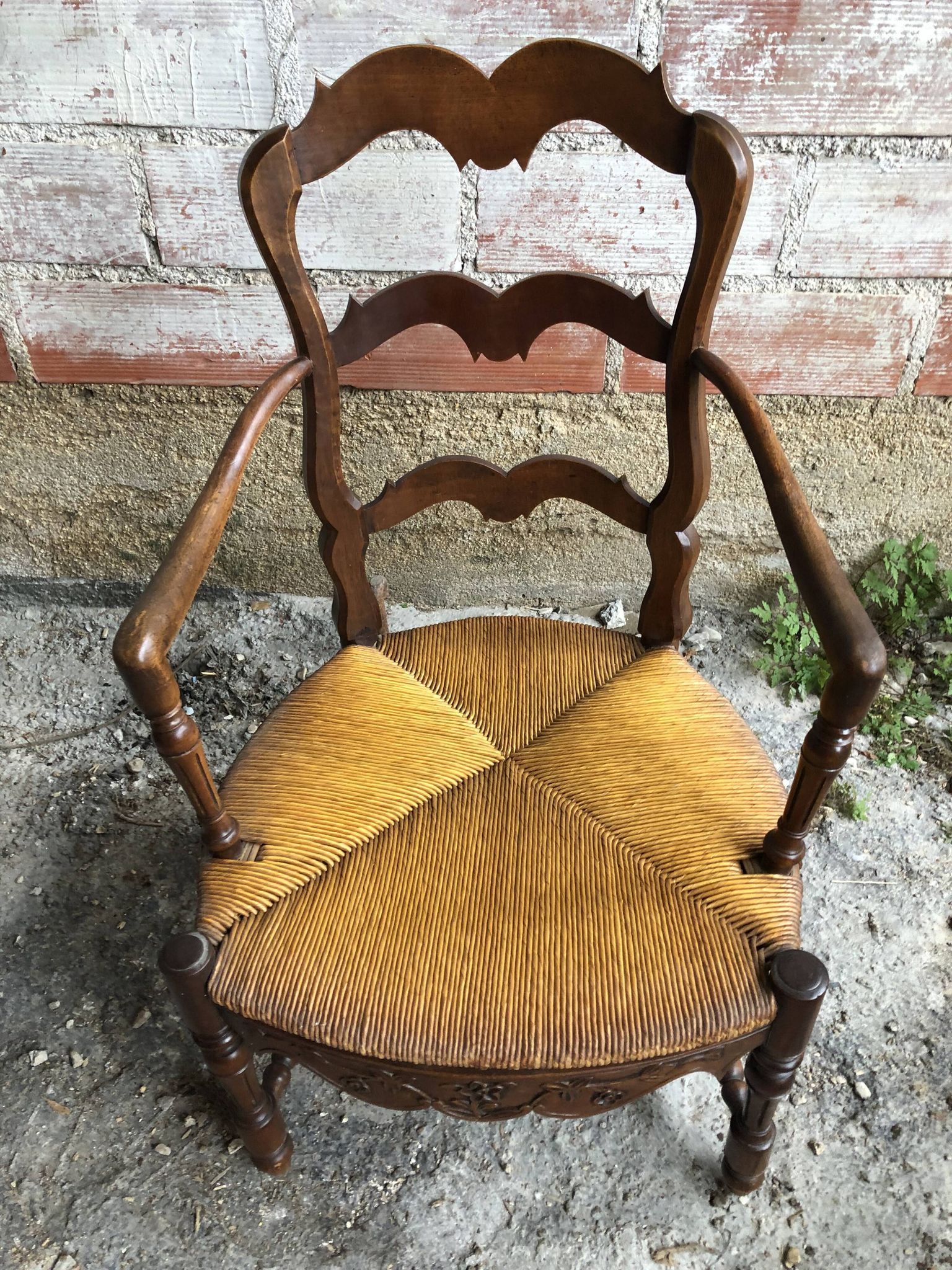 Pair Old Armchair Needle Wood Carved & Seat Paillé + Vintage Fabric Cover