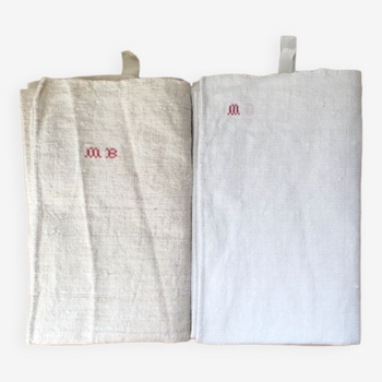 Set of two antique linen tea towels, embroidered