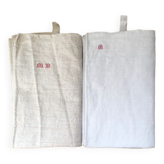 Set of two antique linen tea towels, embroidered