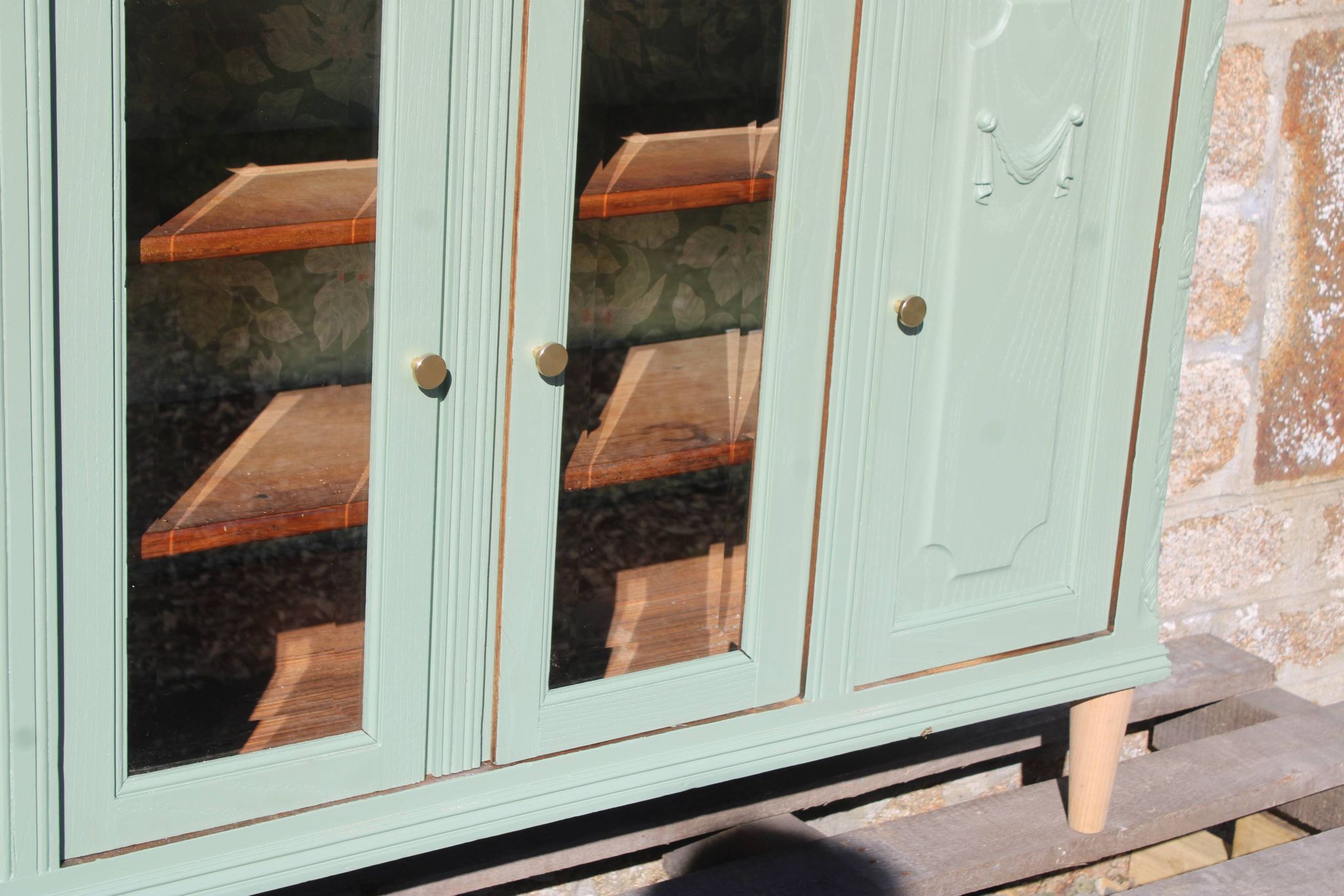 Renovated vintage sage green enfilade – wooden legs & bevelled display cabinets