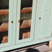 Renovated vintage sage green enfilade – wooden legs & bevelled display cabinets