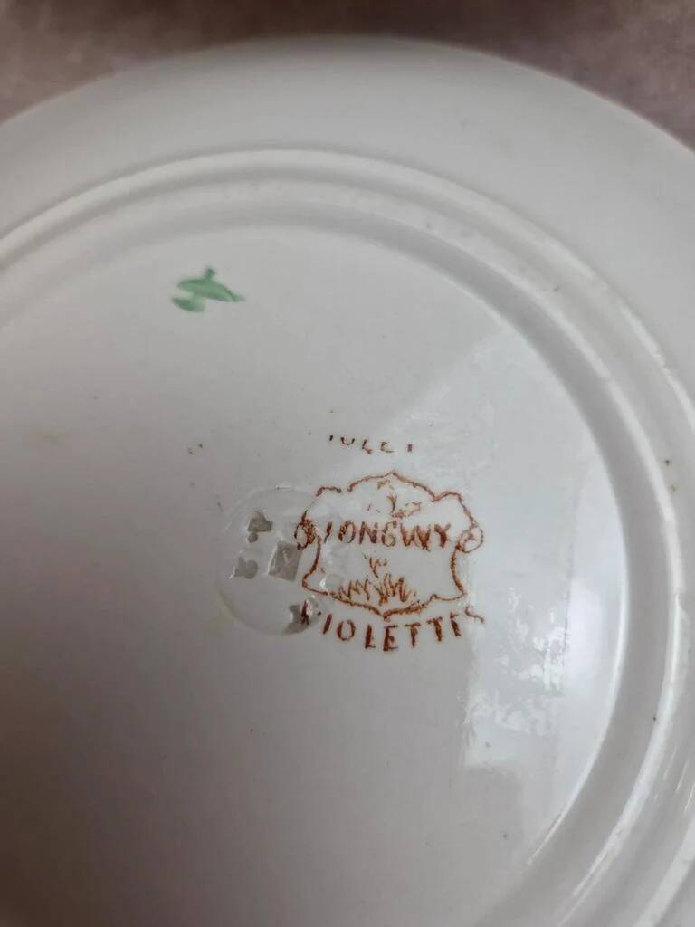 Set of 6 antique dessert plates Longwy – Violets model – Polychrome Art Nouveau decoration