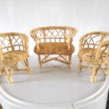 Miniature armchairs and sofa in wicker design 70s