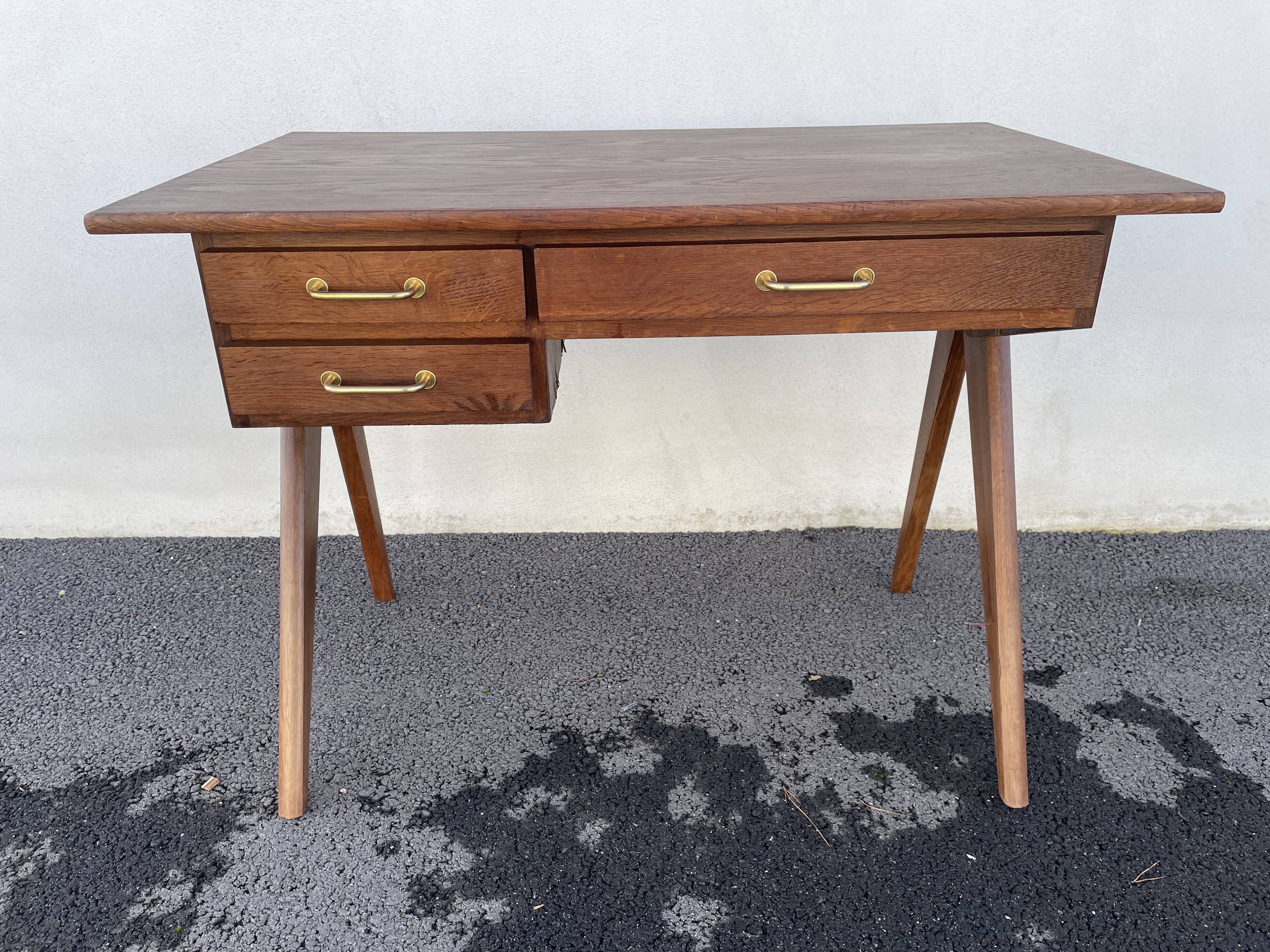 Modernist wooden desk with compass feet 1950