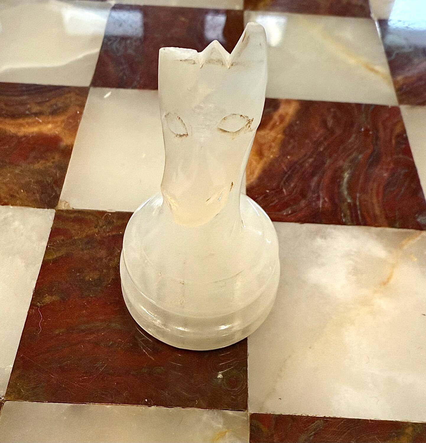 Vintage brown and white alabaster chess board hand carved pieces