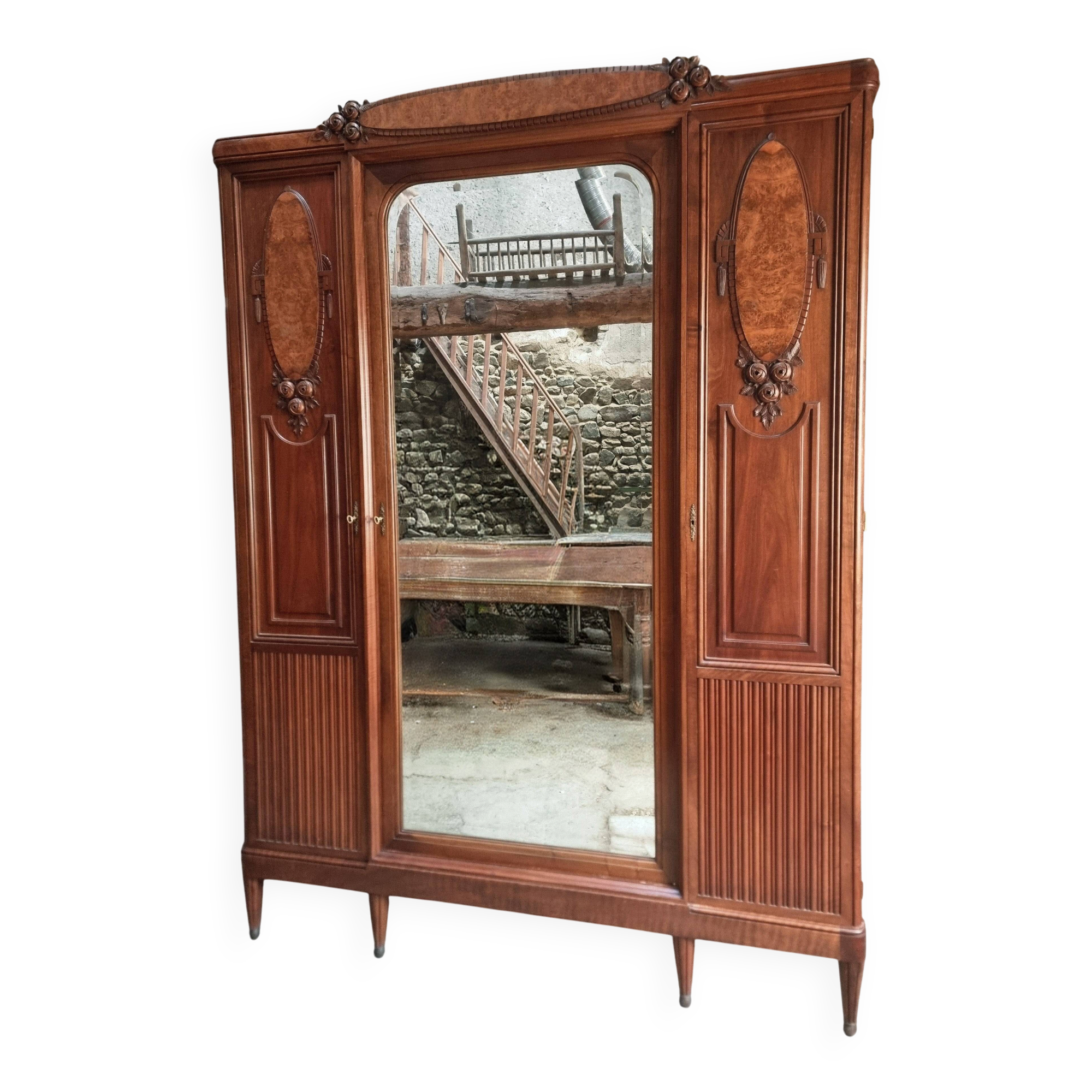 Antique Art Nouveau wardrobe with mirror – Early 20th century