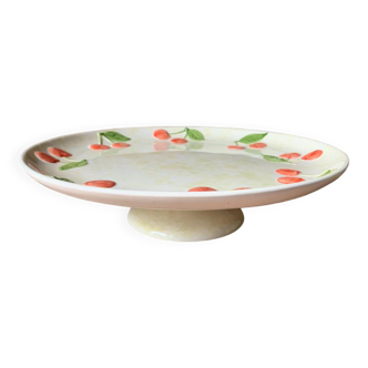 Plat à gâteaux sur pied barbotine décor cerises