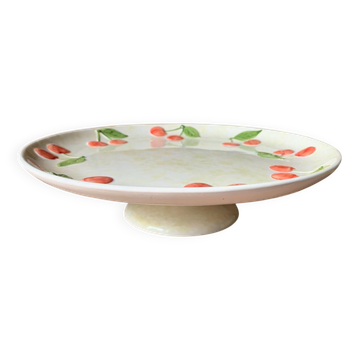 Plat à gâteaux sur pied barbotine décor cerises