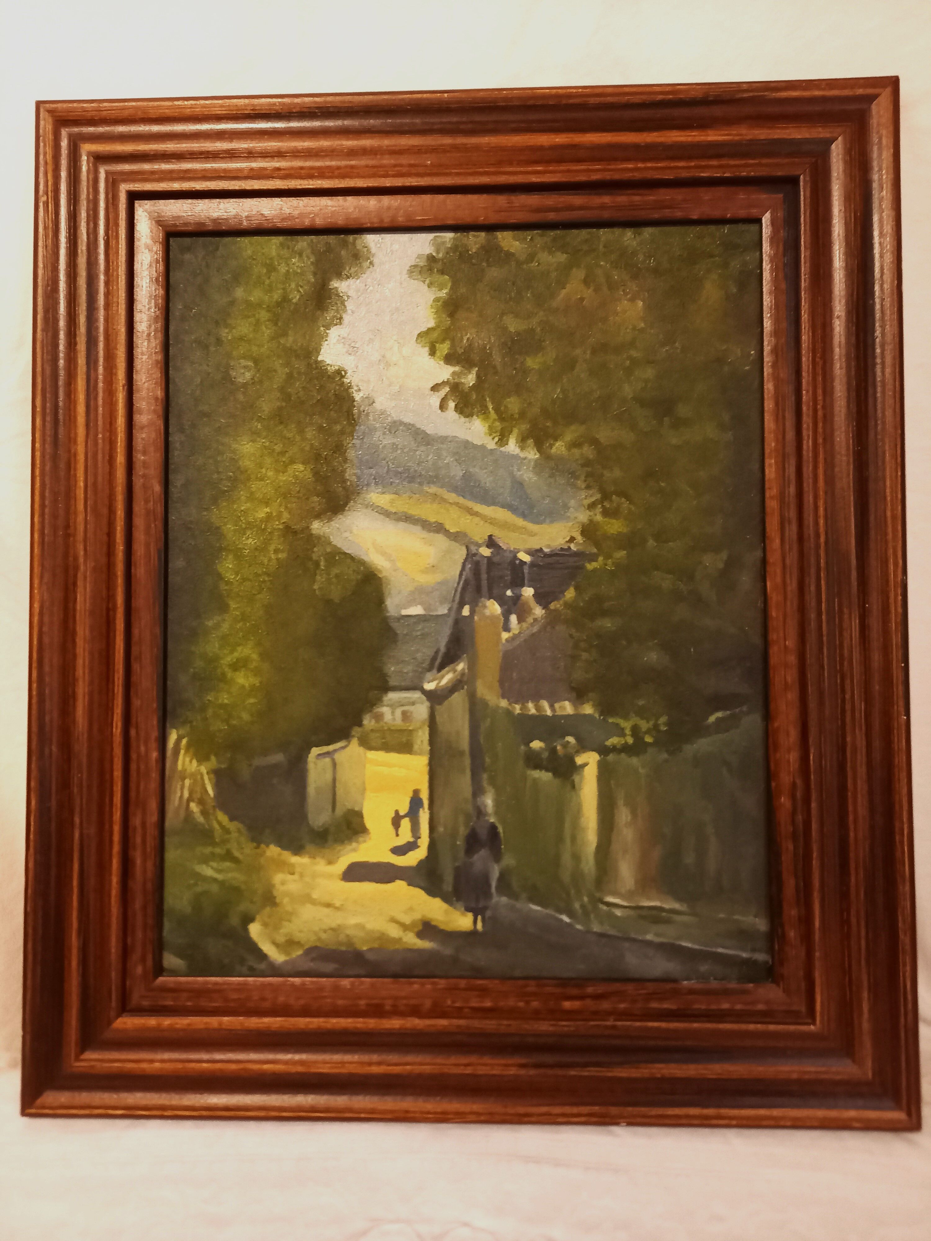 Old painting, oil on canvas, mountain landscape, early twentieth century