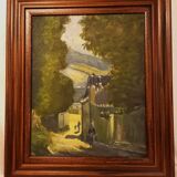 Old painting, oil on canvas, mountain landscape, early twentieth century