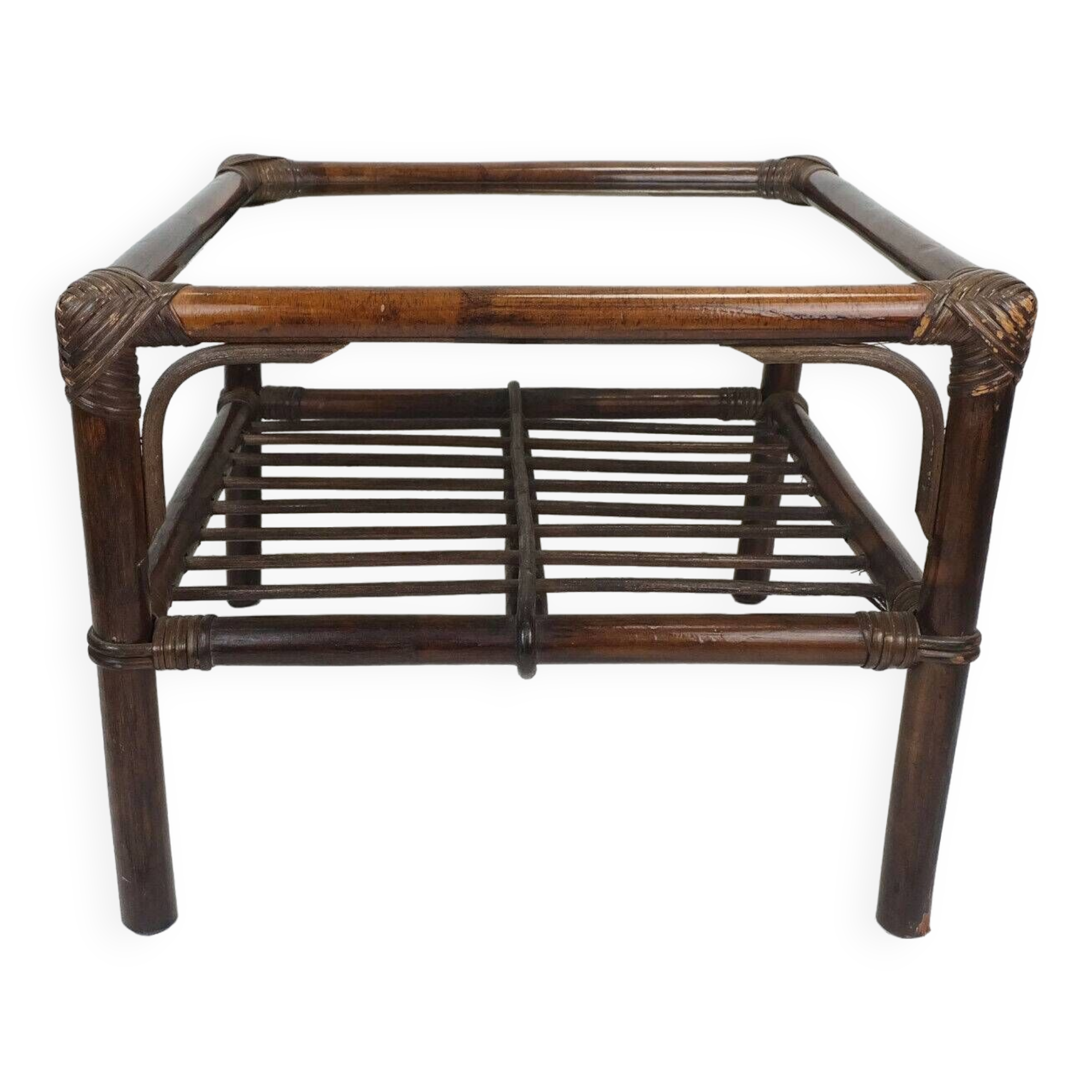 1970s mid century SIDE TABLE coffee table bamboo wicker glass