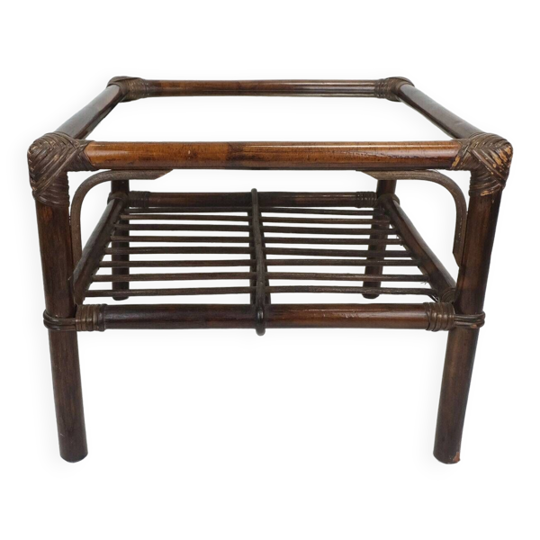 Table d'appoint en bambou, osier et verre des années 1970.