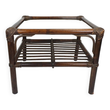 1970s mid century SIDE TABLE coffee table bamboo wicker glass