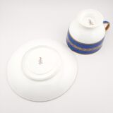Antique Wedgwood teacup and saucer, bone china. Powder blue and gold English footed cup and saucer,
