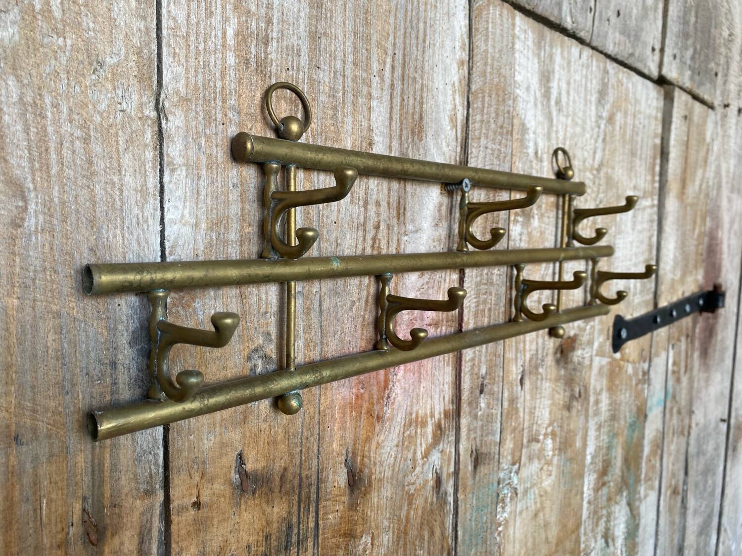 Vintage Wall Coat Rack Brass 7 Foldable Hooks #D748
