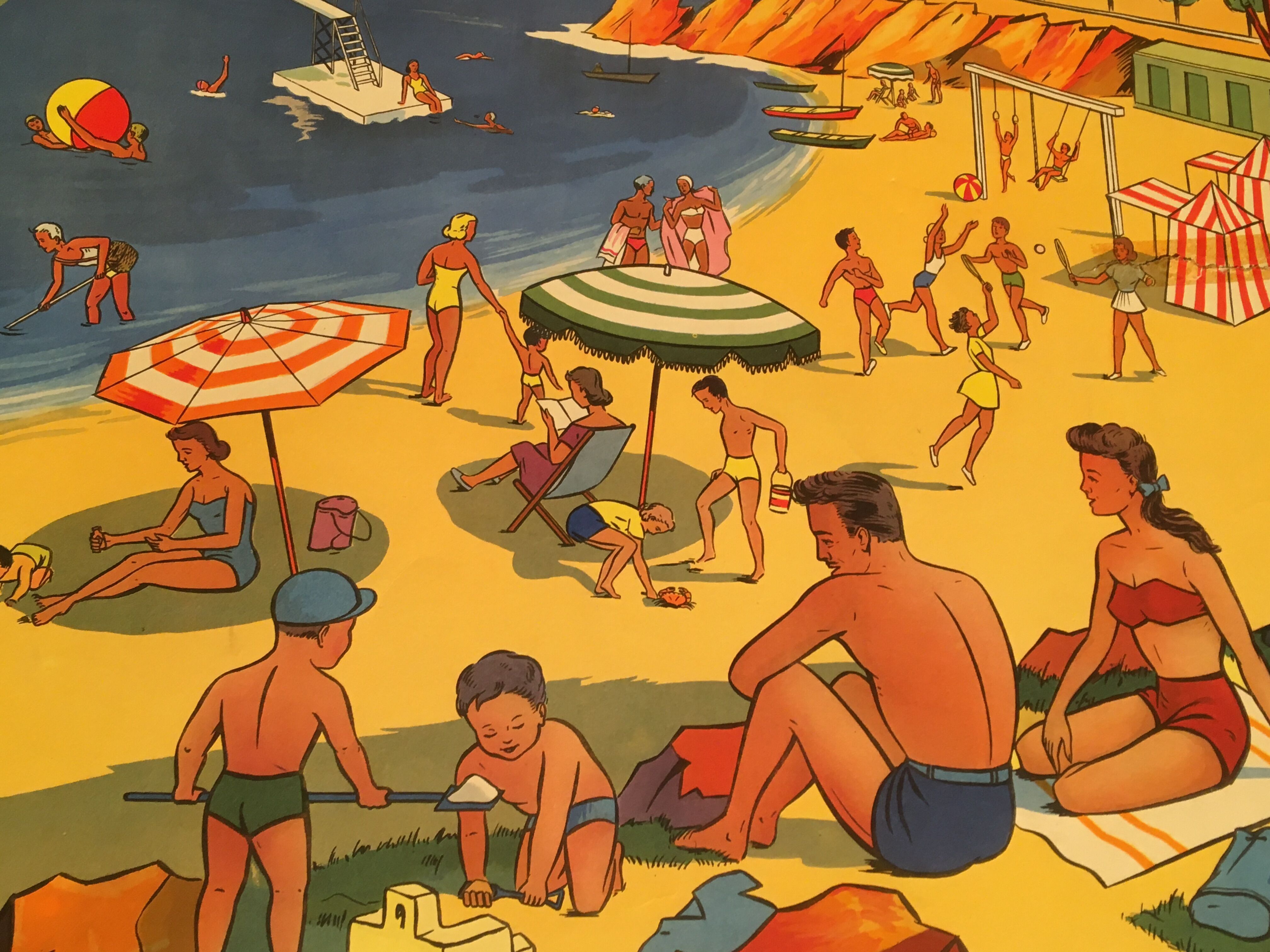 Affiche scolaire école vintage scène de vie recto « Les bohémiens" verso "Vacances au bord de la mer" pour Rossignol années 50