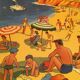 Affiche scolaire école vintage scène de vie recto « Les bohémiens" verso "Vacances au bord de la mer" pour Rossignol années 50