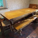 Set of solid oak abbey tables + 2 benches + 2 extension leaves