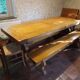Set of solid oak abbey tables + 2 benches + 2 extension leaves
