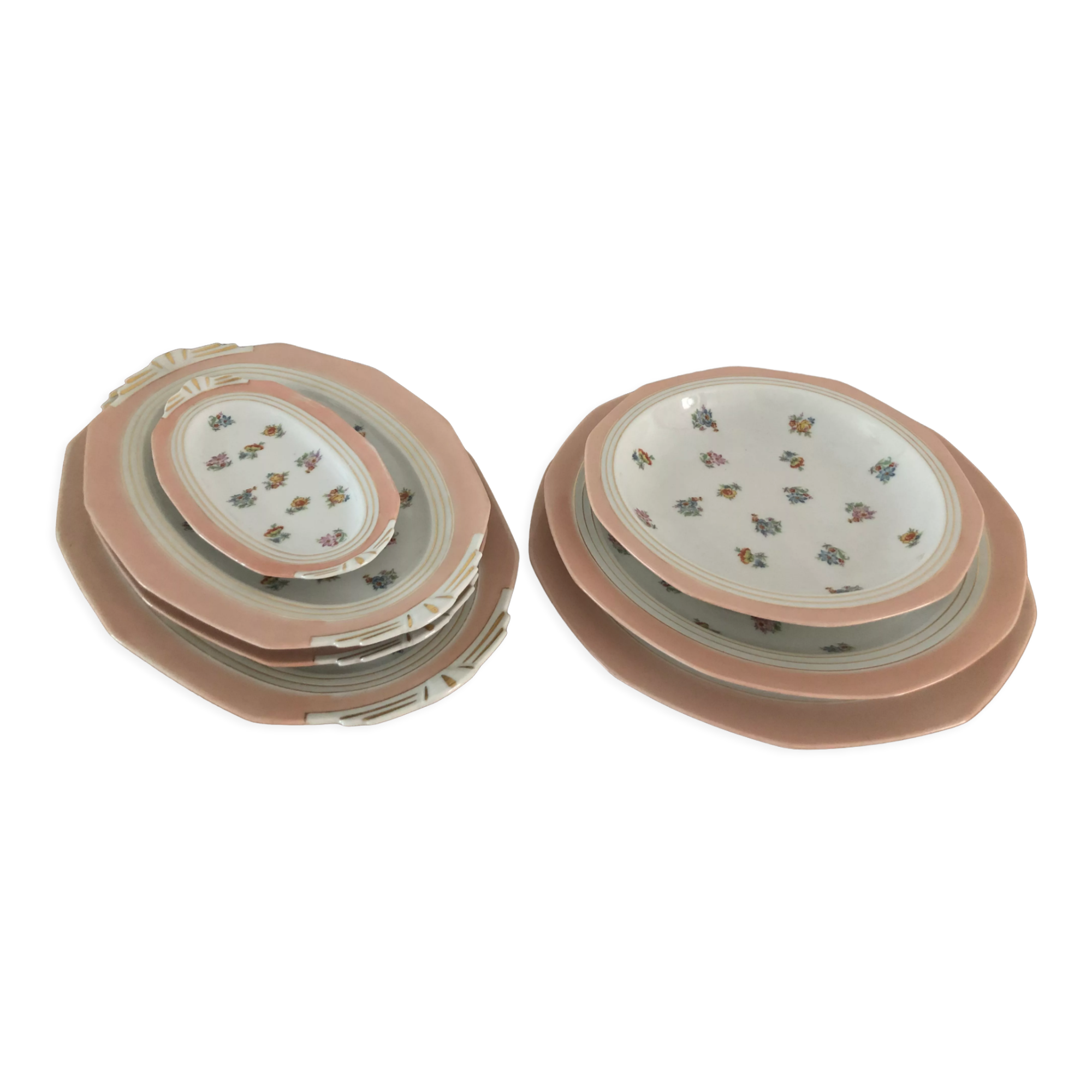 7 dishes Vintage Limoges porcelain pink and gold floral motifs