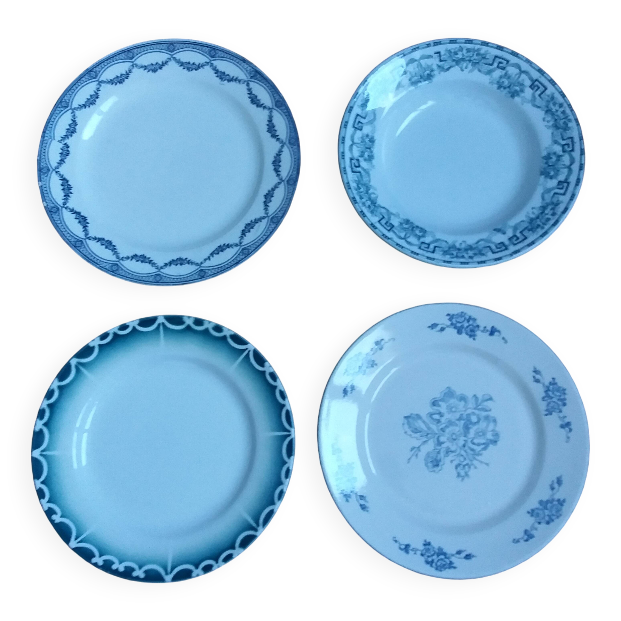 Old green and blue mismatched plates from Digoin, Salins, Moulin des Loups