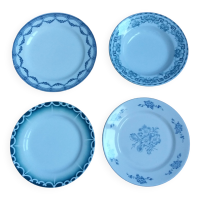 Assiettes dépareillées anciennes Digoin, Salins, Moulin des Loups vertes et bleues