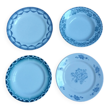 Old green and blue mismatched plates from Digoin, Salins, Moulin des Loups