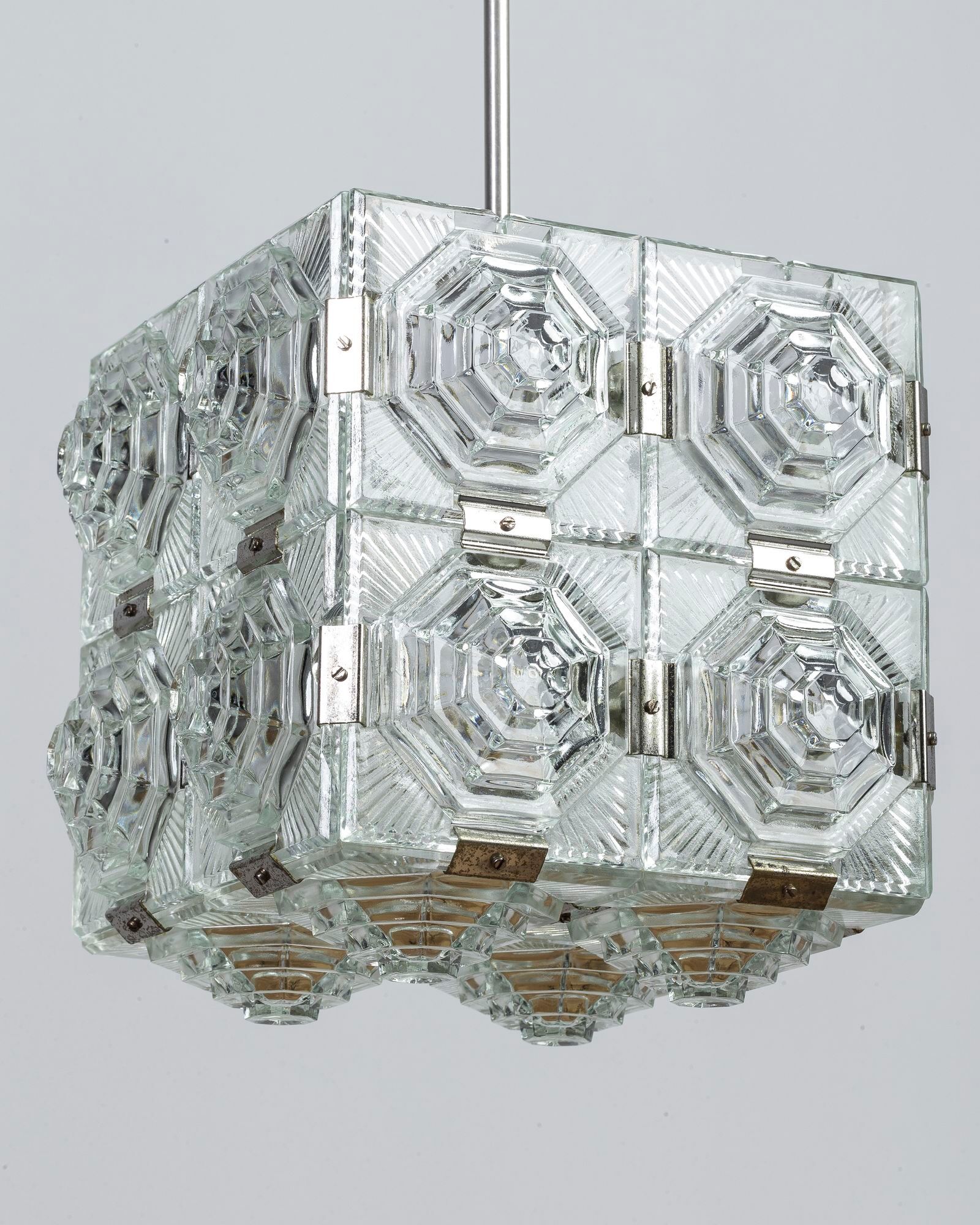 Cut glass cube pendant lamp from Kamenický Šenov, 1950's