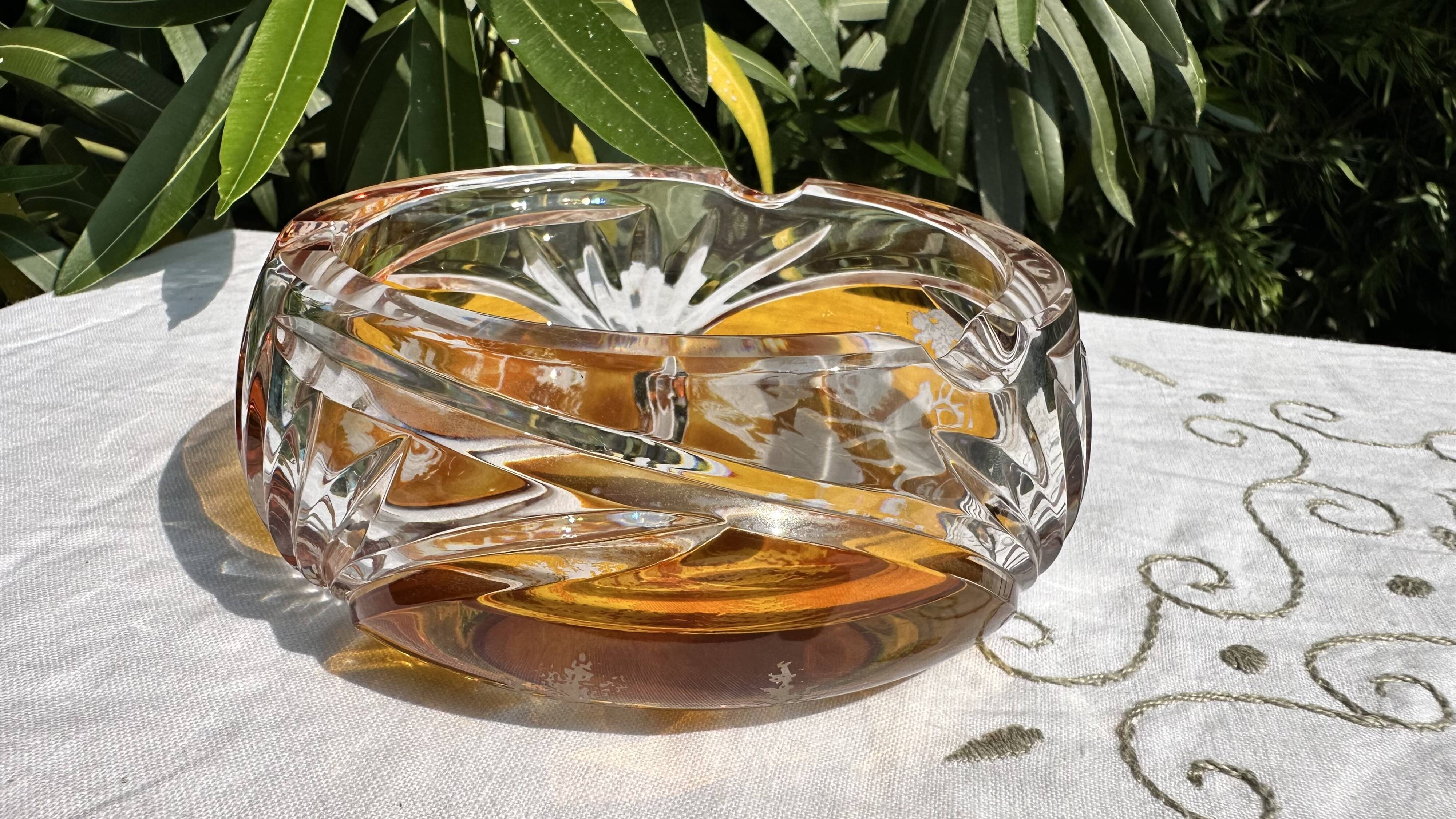 Magnificent Vintage Bohemian Ashtray in Cut Crystal of Yellow Orange