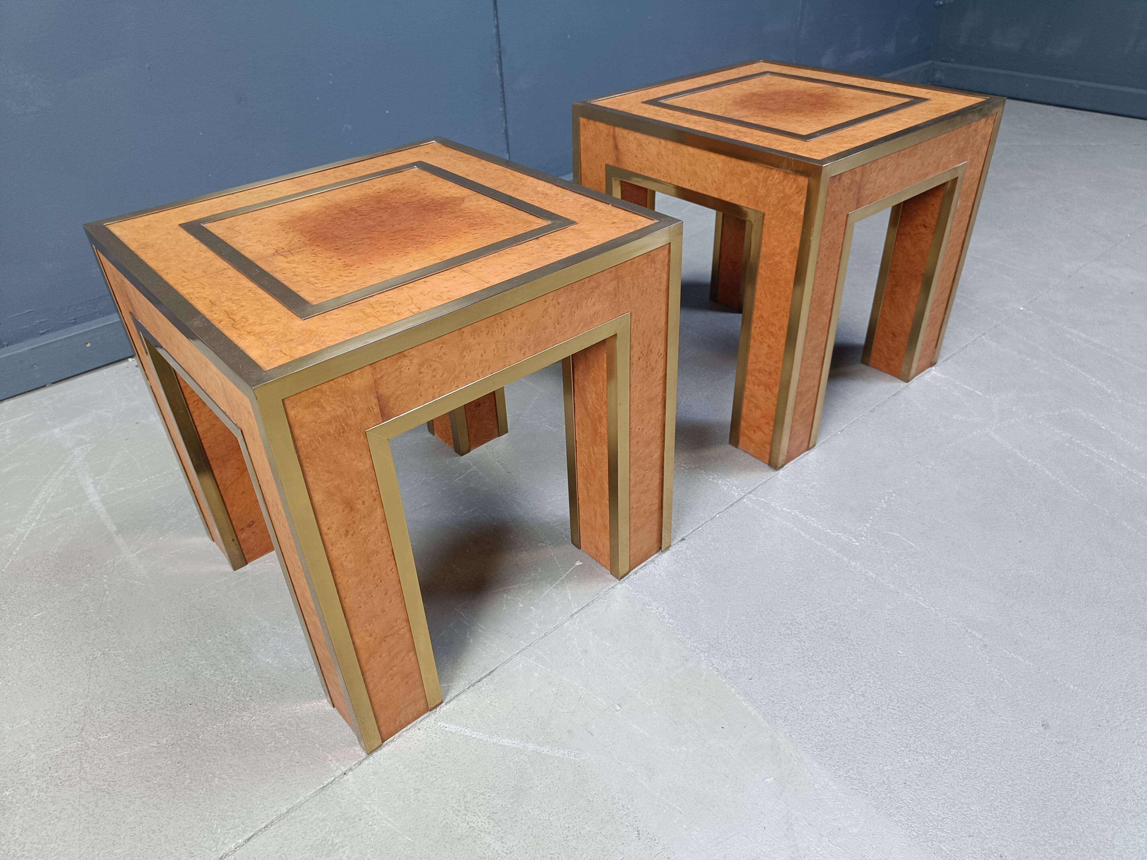 Pair of brass and burl wood side tables, 1980s