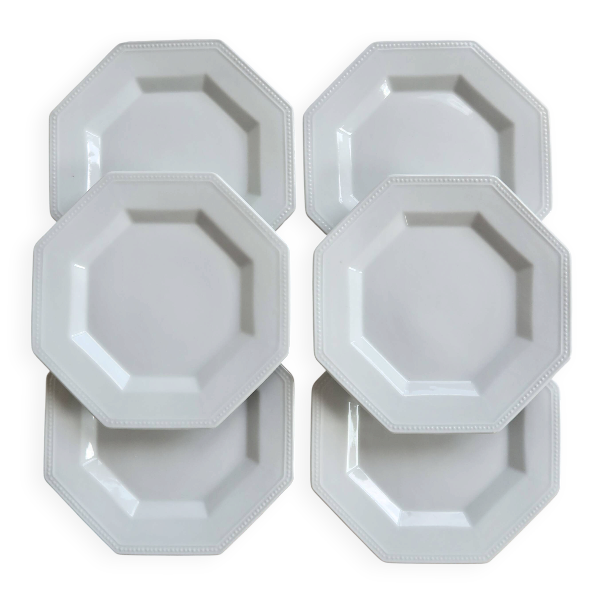 6 vintage octagonal pearl-edged porcelain dessert plates